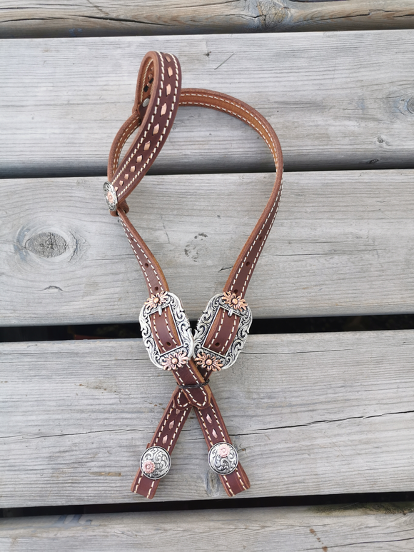 Western one ear leather headstall with floral overlay horse size