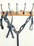 Blue leather with Pendleton inlay and thunderbird conchos head stall and breast collar set