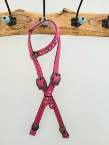 Fuchsia - One ear headstall with copper floral conchos and fancy buckles, white buckstitch