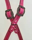 Fuchsia - One ear headstall with copper floral conchos and fancy buckles, white buckstitch