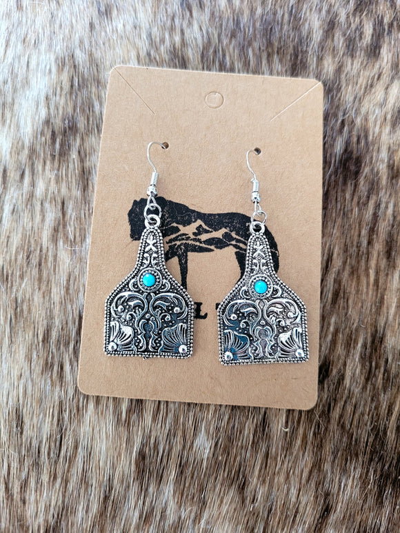 Tooled cow tag with turquoise stone earrings