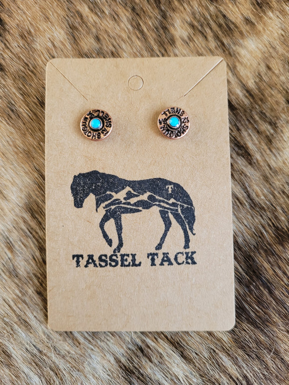 Turquoise centre shotgun stud copper earrings