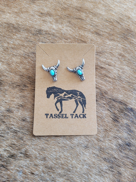 Cow skull with turquoise stud earrings