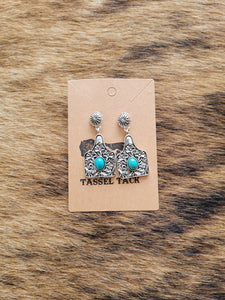 Tooled cow tag with turquoise centre and pinwheel top dangle earrings