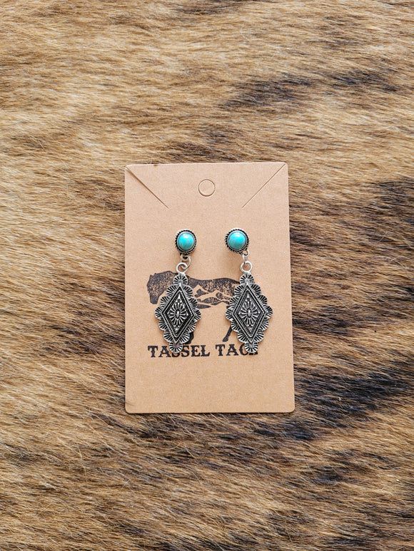 Stamped diamond shape with turquoise top dangle earrings