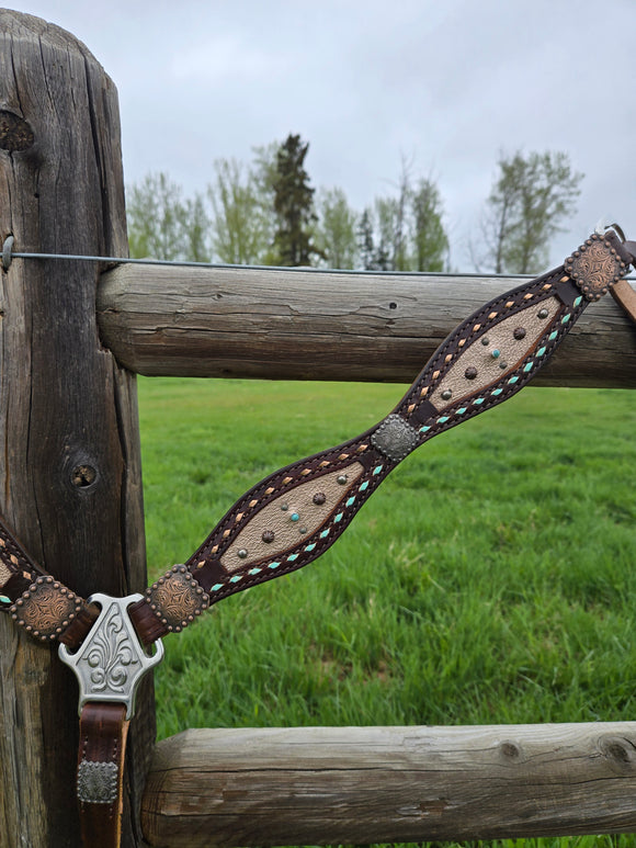 Chocolate brown scalloped breast collar with rose gold spotted inlay, two-tone buckstitch, and mixed metal accents