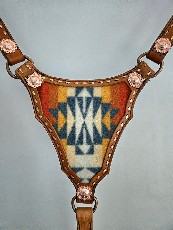Gladiator style breast collar with Pendleton wool inlay and rose gold accents