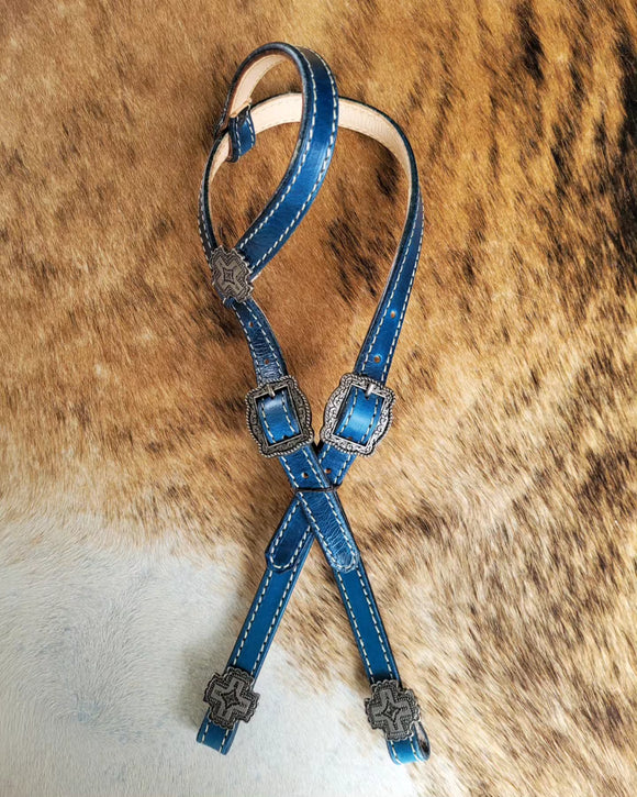 Blue - One ear headstall with aztec conchos and fancy buckles