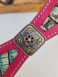 Hot pink scalloped breast collar with mint croc inlay and mint floral conchos