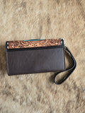 Tooled leather wristlet wallet