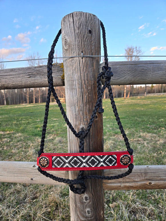 Red aztec inlay leather noseband on black muletape halter