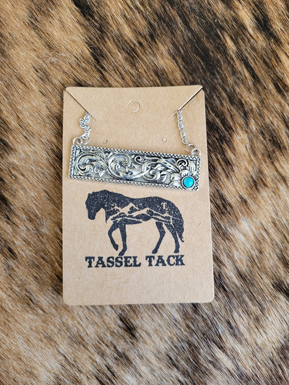 Tooled bar with turquoise spot necklace
