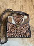 Tooled leather and cowhide purse
