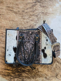 Cowhide and tooled leather messenger bag/purse - black
