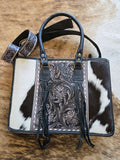 Cowhide and tooled leather messenger bag/purse