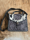 Tooled leather and cowhide purse - black