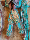 Leather tack set - light blue peonies