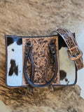 Cowhide and tooled leather messenger bag/purse - brown