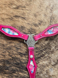 Hot pink leather breastcollar with tropical floral inlay