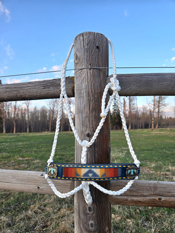Blue Pendleton wool inlay leather noseband on black muletape halter