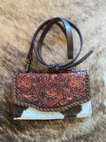 Cowhide and tooled leather crossbody purse