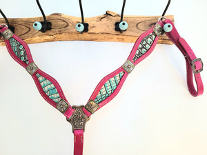 Hot pink scalloped breast collar with mint croc inlay and mint floral conchos