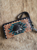 Tooled leather wristlet wallet