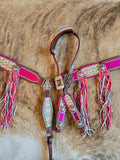 Leather tack set - hot pink peonies