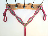 Hot pink scalloped breast collar with mint croc inlay and mint floral conchos