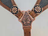 Buffalo brown scalloped breast collar with black floral inlay and copper accents