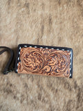 Tooled leather wristlet wallet