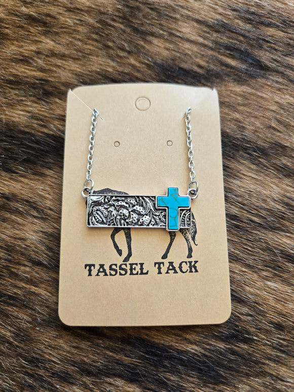 Tooled bar with turquoise cross necklace