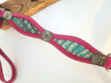 Hot pink scalloped breast collar with mint croc inlay and mint floral conchos