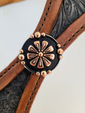 Buffalo brown scalloped breast collar with black floral inlay and copper accents