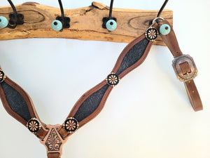 Buffalo brown scalloped breast collar with black floral inlay and copper accents