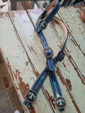 Blue leather with Pendleton inlay and thunderbird conchos head stall and breast collar set