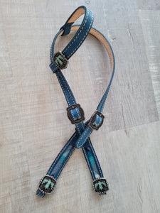 Blue leather with Pendleton inlay and thunderbird conchos one ear headstall
