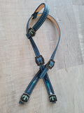 Blue leather with Pendleton inlay and thunderbird conchos head stall and breast collar set