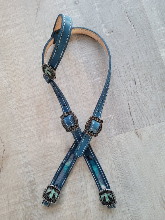 Blue leather with Pendleton inlay and thunderbird conchos one ear headstall