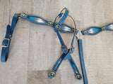 Blue leather with Pendleton inlay and thunderbird conchos head stall and breast collar set