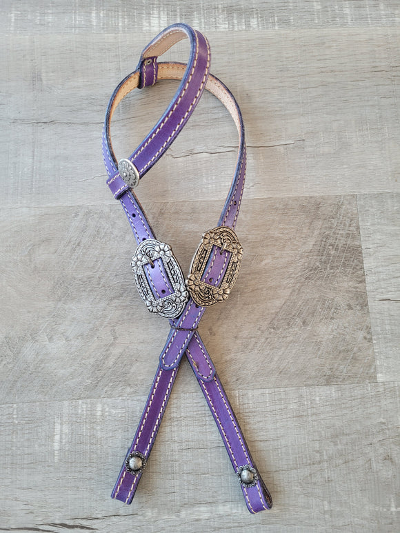 Purple - One ear headstall with antique silver floral buckles and conchos