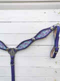 Purple and mint inlay on purple leather headstall and breast collar set