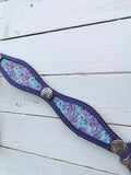 Purple and mint inlay on purple leather headstall and breast collar set