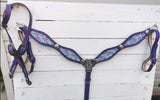 Purple and mint inlay on purple leather headstall and breast collar set