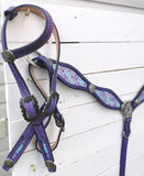 Purple and mint inlay on purple leather one ear headstall