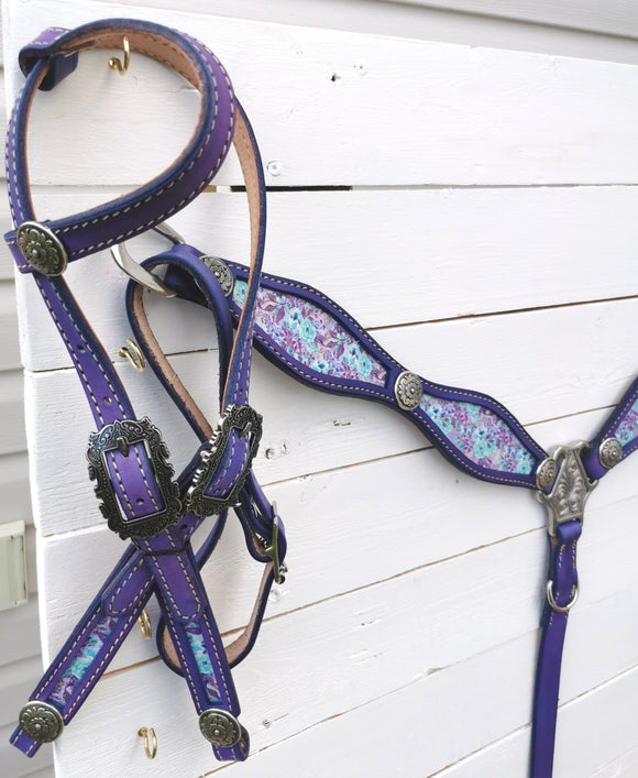 Purple and mint inlay on purple leather headstall and breast collar set