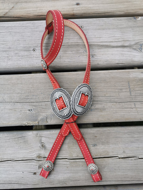 Red - One ear headstall with silver and red conchos and buckles