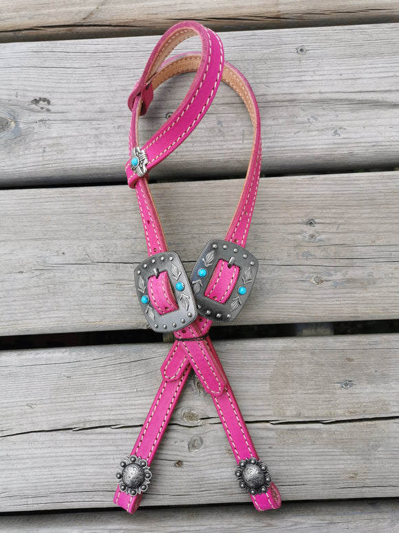 Fuchsia - One ear headstall with antique silver and teal buckles and concho