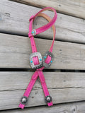 Fuchsia - One ear headstall with antique silver and teal buckles and concho