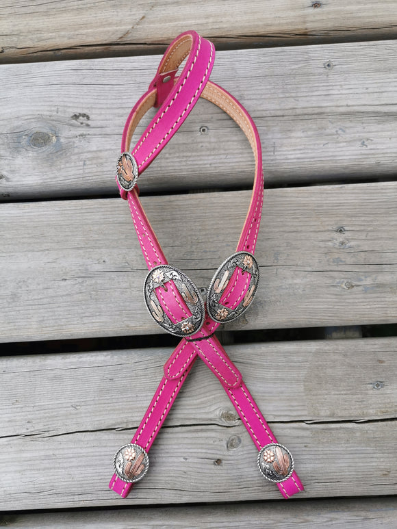 Fuchsia - One ear headstall with silver and rose gold cactus buckles and conchos